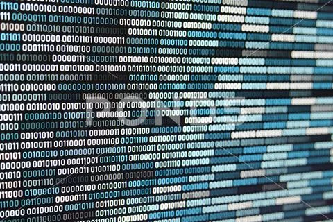 Big overload blockchain data. Blue binary data code background for internet a Stock Photos