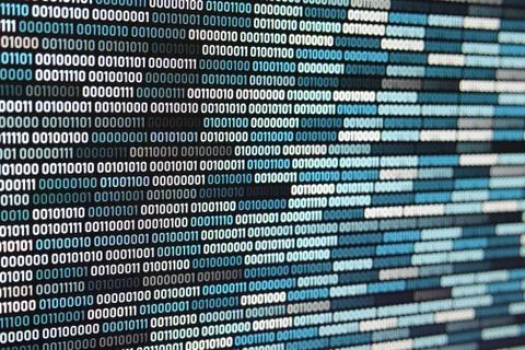 Big overload blockchain data. Blue binary data code background for internet a 스톡 사진