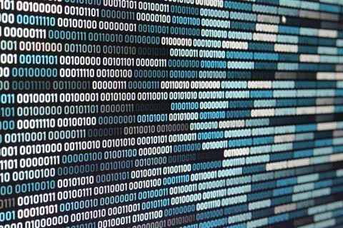 Big overload blockchain data. Blue binary data code background for internet a Stock Photos