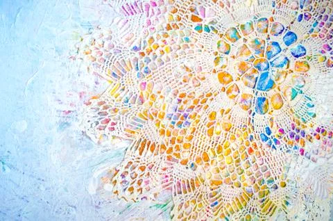 Big painted napkin with geometric pattern on abstract colorful acrylic backgr Stock Photos