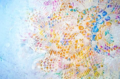 Big painted napkin with geometric pattern on abstract colorful acrylic backgr Stock Photos