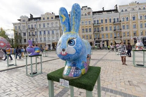 Big painted rabbit installations presented on the square Stock Photos