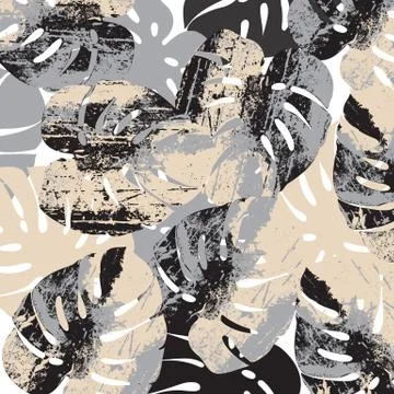 Big palm leaves pattern. Grunge design. Beat up, scratched style 库存插图