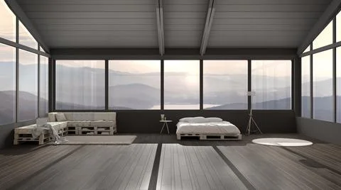 Big panoramic bedroom with windows on mountain valley, diy bed made with pall Stock Illustration