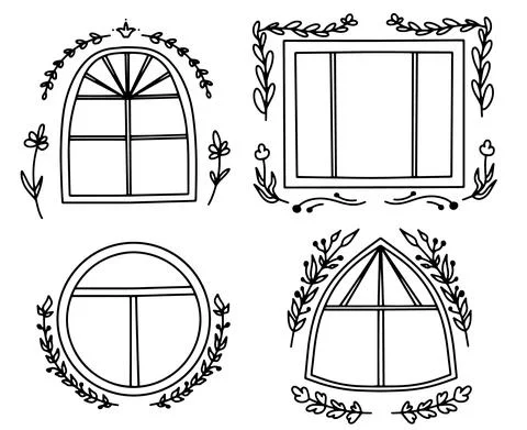 Big panoramic window and beautiful, flower frames around the window, Collection Stock Illustration