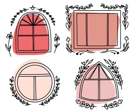 Big panoramic window and beautiful abstract color spots, flower frames around Stock Illustration