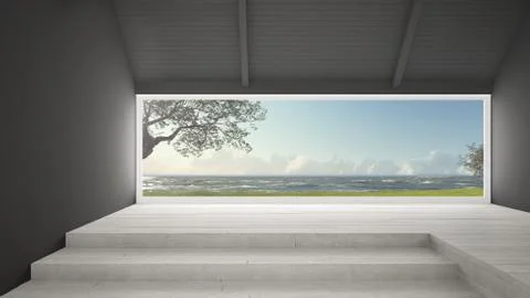 Big panoramic window with grass garden, olives trees and rough seas, empty ro Illustrazione stock