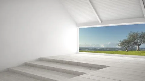 Big panoramic window with grass garden, olives trees and rough seas, empty ro Stock Illustration