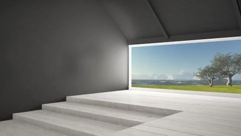 Big panoramic window with grass garden, olives trees and rough seas, empty ro Stock Illustration