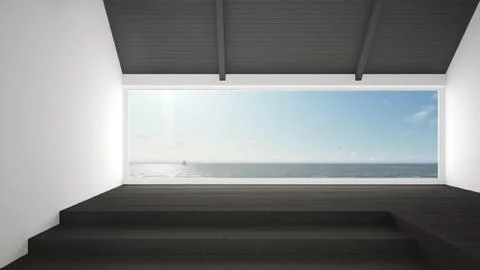 Big panoramic window with sea ocean background, summer scene, empty room inte Stock Illustration