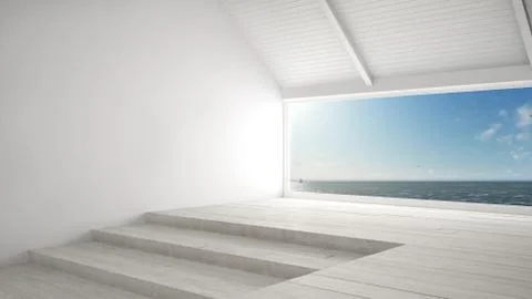 Big panoramic window with sea ocean background, summer scene, empty room inte Stock Illustration