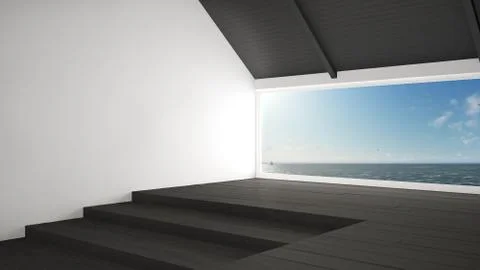 Big panoramic window with sea ocean background, summer scene, empty room inte Stock Illustration