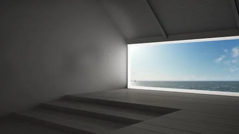 Big panoramic window with sea ocean background, summer scene, empty room inte Stock Illustration