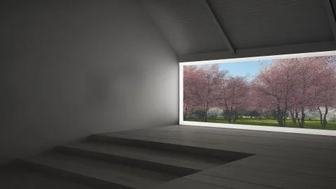 Big panoramic window with spring garden with pink flowers trees, empty room i Illustrazione stock