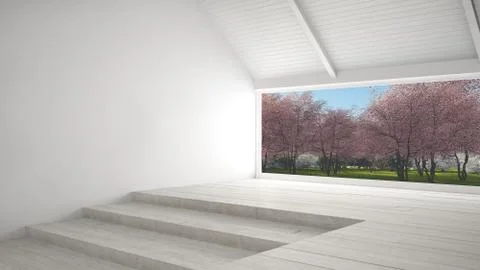 Big panoramic window with spring garden with pink flowers trees, empty room i Illustrazione stock