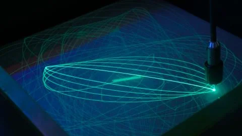 Big pendulum draws ellipses with light on phosphorus surface Stock Photos