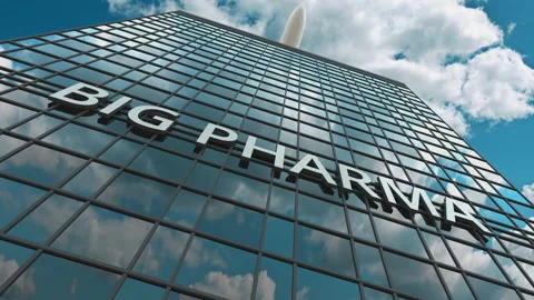 BIG PHARMA signboard on a modern skyscraper reflecting flying airplane. 3D Video stock 168028068