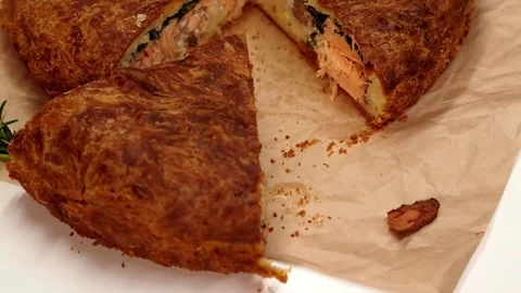 Big pie with salmon Stock Footage 168149176