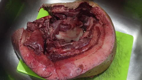 A big piece of fresh raw pork meat, with good amount of fat and skin. Stock Footage 279064308