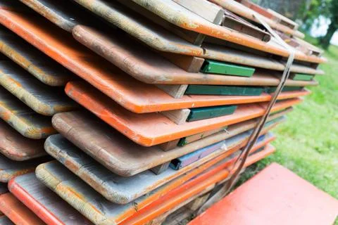 A big pile of benches 스톡 사진