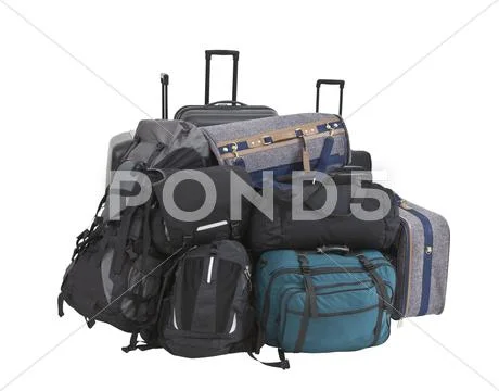 Big pile of luggage isolated Stock Photos