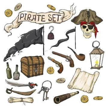 Big pirate set, different objects, isolated on white background Stock Illustration