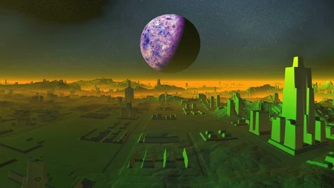Big Planet over Alien City Stock Footage 107855381