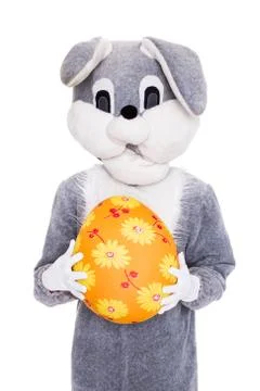 Big plush bunny hold Easter egg. Studio portrait isolated over white background Stock Photos