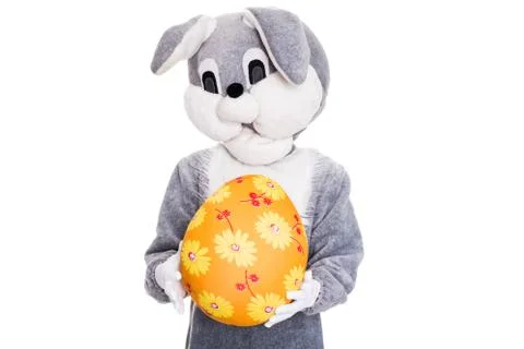 Big plush bunny hold Easter egg. Studio portrait isolated over white background Stock Photos