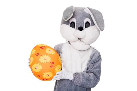 Big plush bunny hold Easter egg. Studio portrait isolated over white background Stock Photos