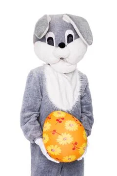 Big plush bunny hold Easter egg. Studio portrait isolated over white background Stock Photos