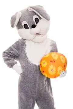 Big plush bunny hold Easter egg. Studio portrait isolated over white background Stock Photos