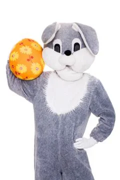 Big plush bunny hold Easter egg. Studio portrait isolated over white background Stock Photos