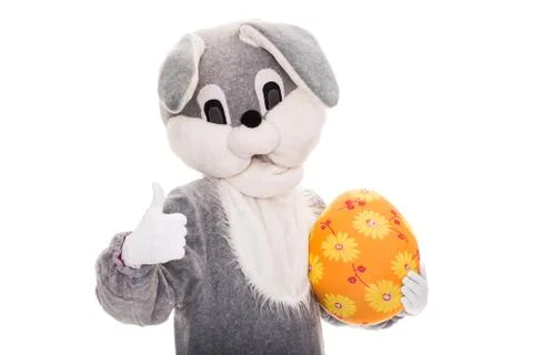 Big plush bunny hold Easter egg. Studio portrait isolated over white background Stock Photos