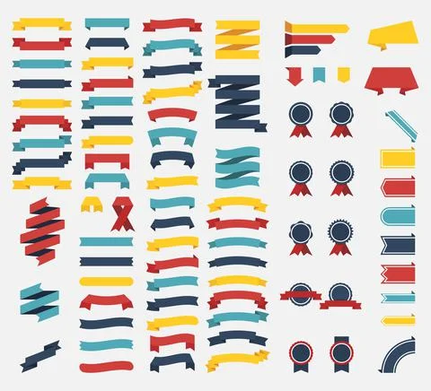 Big popular set of different color ribbons and signs on white background. Fou Stock Illustration