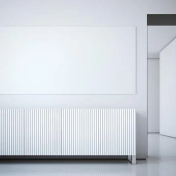 Big poster in white interior with chest. 3d rendering Stockillustratie