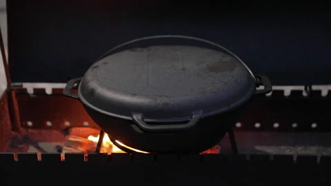 Big Pot with Cooked Pilaf or Rice over an Open Fire. Street food at the party. Stock Footage 155153080