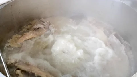 Big pot processing beef soup, boiling beef soup. Stock Footage 161871563