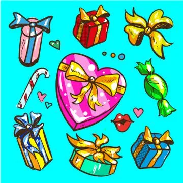 Big presents collection. Vector illustration of cartoon cute color gifts Stock Illustration