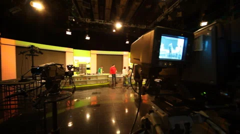 Big professional TV camera shoots people on TV show in Ostankino TV center Stock Footage 5162691