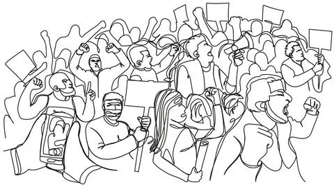 Big protest in one line on a white background. Evil people came out with po.. Stock Illustration
