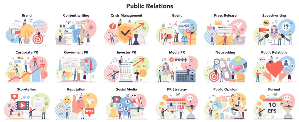 Big public relations. PR technologies collection. Brand advertising strategy, Illustrazione stock