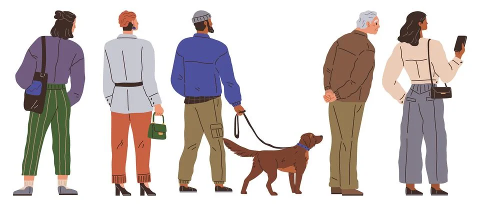Big queue. People in queue chatted amongst themselves, making wait more bearable Stock Illustration