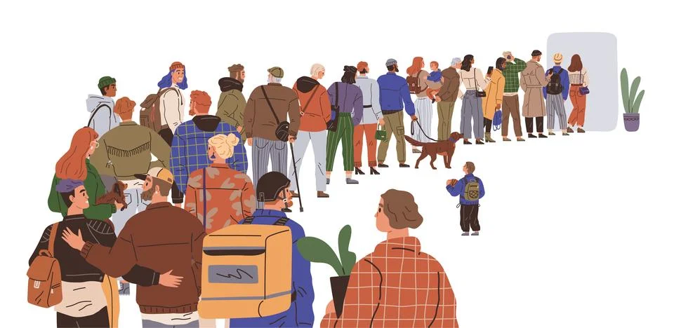 Big queue, people waiting in long line. Male and female, one after another Stock Illustration