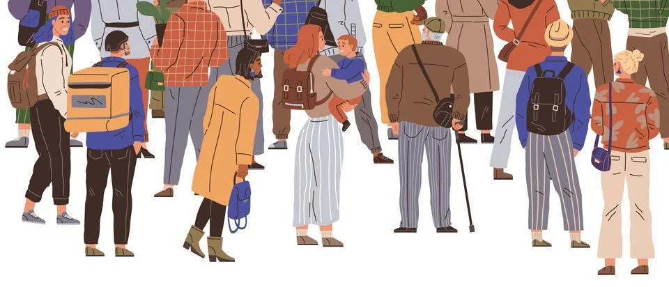 Big queue. People waiting in long line exchanged stories and experiences The Stock Illustration