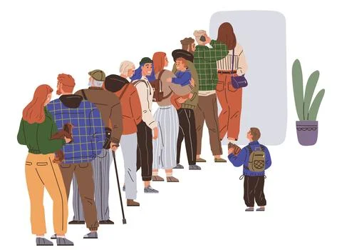 Big queue. The queue group chatted animatedly, forming new connections while Stock Illustration