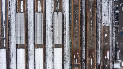 Big railway station top down time lapse with people coming in the trains Stock Footage 100105221