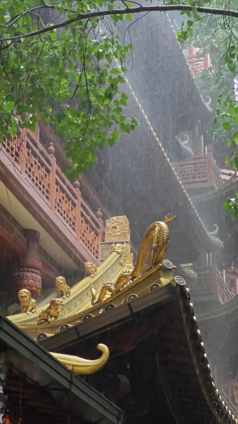Big rain with Chinese temple Stock Footage 288214042
