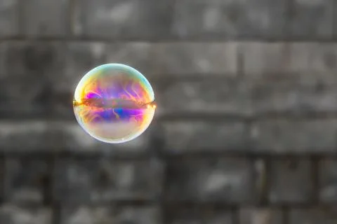 A big rainbow soap bubble on the blurred gray brick wall background Stock Photos