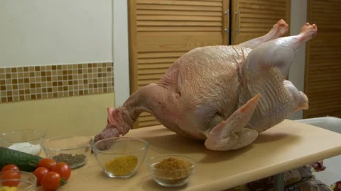 Big Raw Turkey On The Table Stock Footage 100333811